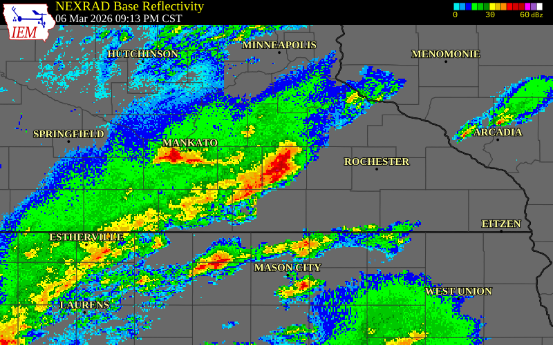 NEXRAD radar during the Friday, March 6, 2026 storm activity in Waseca County, Minnesota