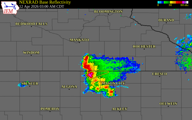 NEXRAD radar during the Sunday, April 12, 2026 storm activity in Waseca County, Minnesota