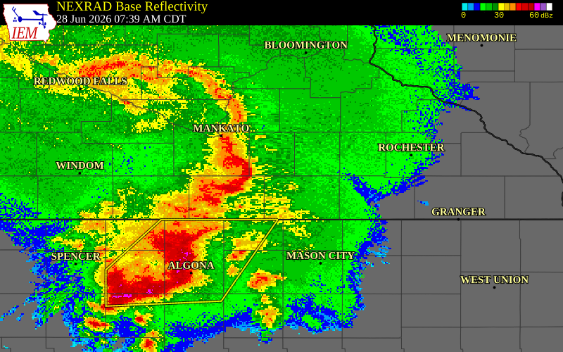 NEXRAD radar during the Sunday, June 28, 2026 storm activity in Waseca County, Minnesota