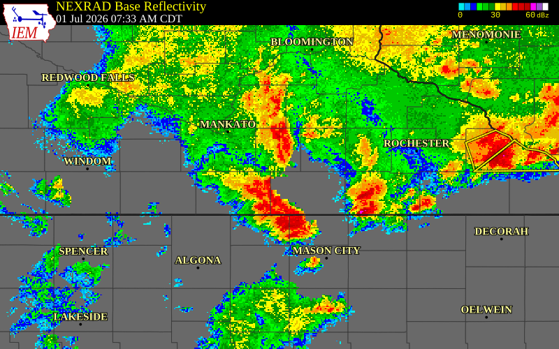 NEXRAD radar during the Wednesday, July 1, 2026 storm activity in Waseca County, Minnesota