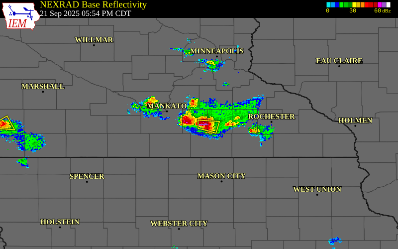 Radar snapshot during the Sep 21, 2025 hail event near 6 NNW New Richland, Waseca County, Minnesota, with NWS warning polygons