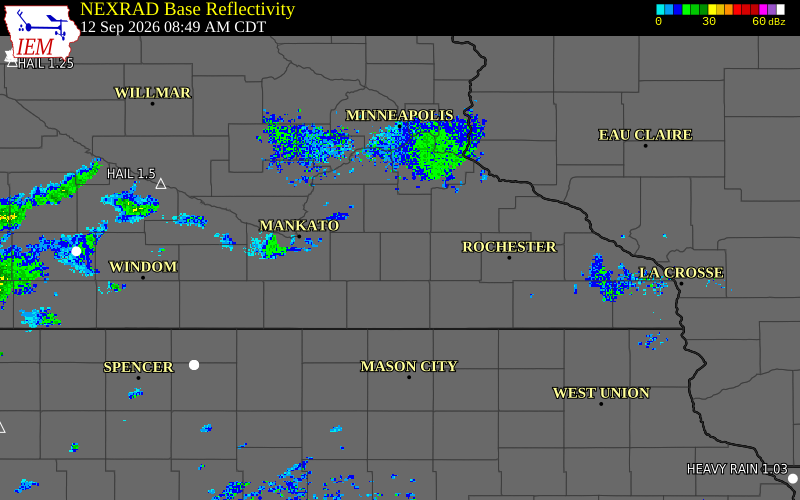 Current NEXRAD radar over Waseca County, Minnesota with recent storm report locations
