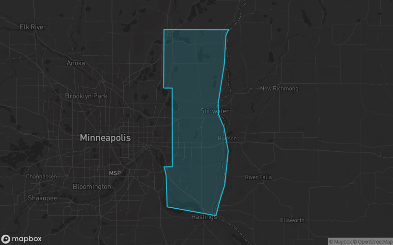Map of Washington County, Minnesota showing the county boundary and surrounding cities