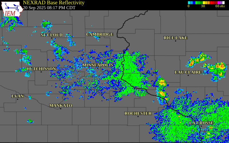 NEXRAD radar during the Saturday, September 20, 2025 storm activity in Washington County, Minnesota