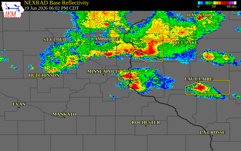 NEXRAD radar during the Friday, June 19, 2026 storm activity in Washington County, Minnesota