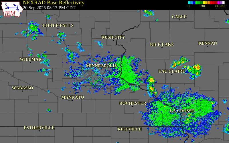 Radar snapshot during the Sep 20, 2025 hail event near 1 SSW Woodbury, Washington County, Minnesota, with NWS warning polygons