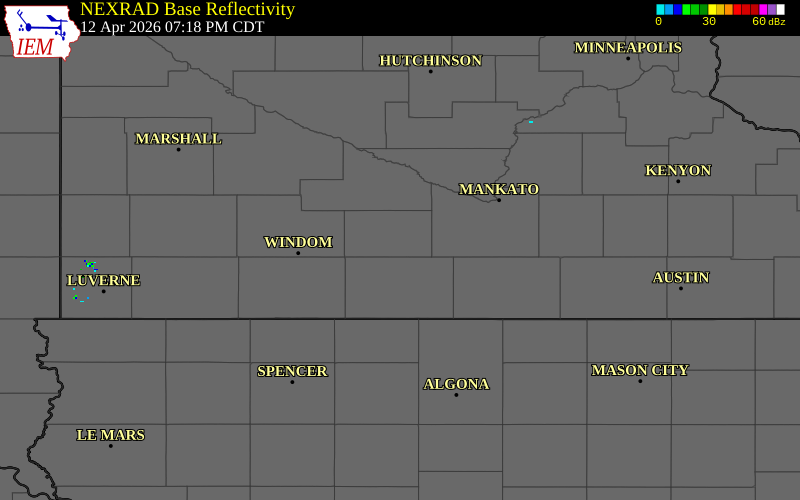 NEXRAD radar during the Sunday, April 12, 2026 storm activity in Watonwan County, Minnesota