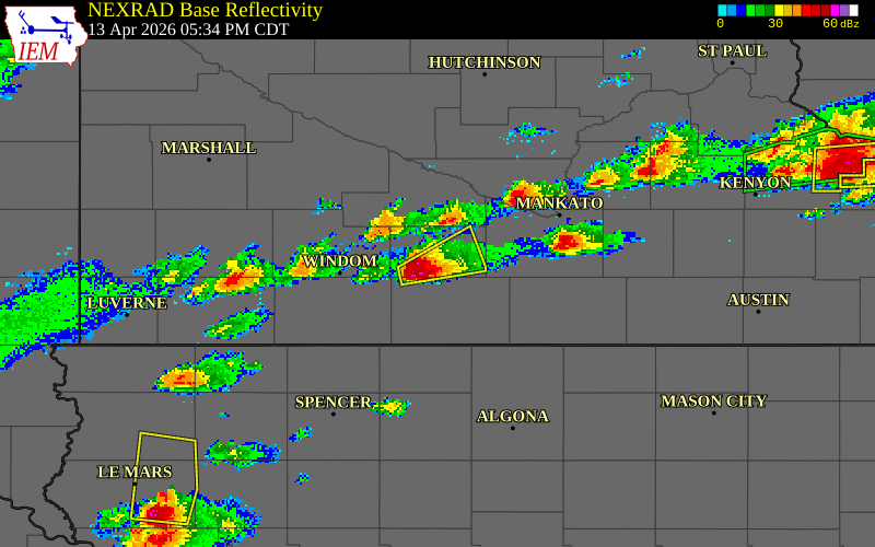 NEXRAD radar during the Monday, April 13, 2026 storm activity in Watonwan County, Minnesota