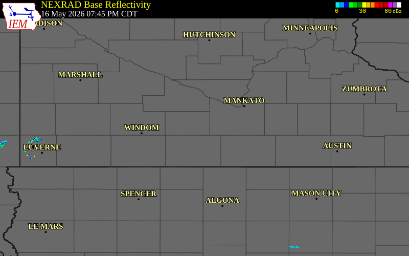 NEXRAD radar during the Saturday, May 16, 2026 storm activity in Watonwan County, Minnesota