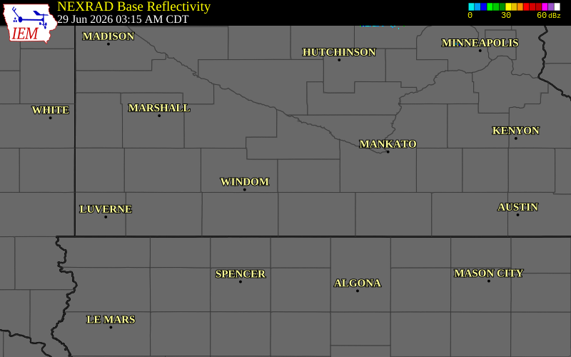 NEXRAD radar during the Monday, June 29, 2026 storm activity in Watonwan County, Minnesota
