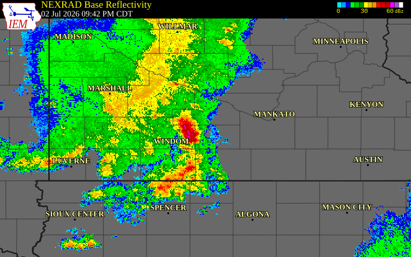 NEXRAD radar during the Thursday, July 2, 2026 storm activity in Watonwan County, Minnesota