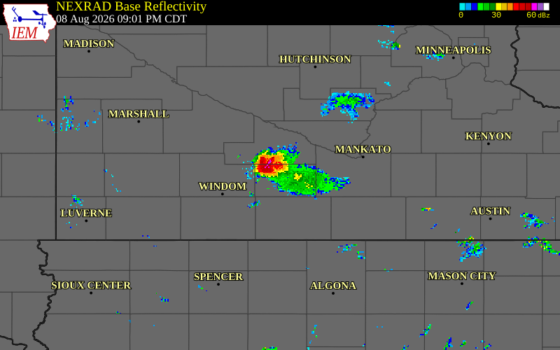 NEXRAD radar during the Saturday, August 8, 2026 storm activity in Watonwan County, Minnesota