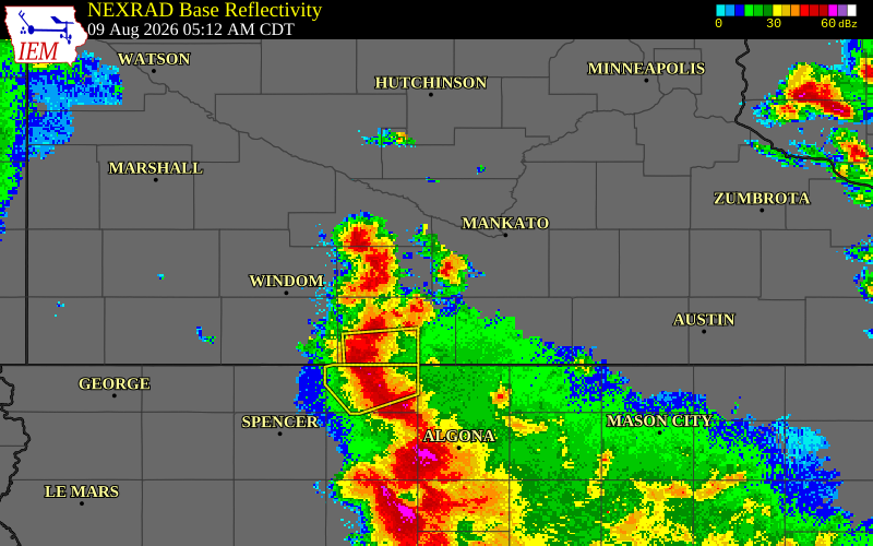 NEXRAD radar during the Sunday, August 9, 2026 storm activity in Watonwan County, Minnesota