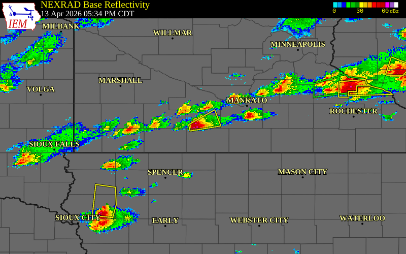 Radar snapshot during the Apr 13, 2026 hail event near 4 E Ormsby, Watonwan County, Minnesota, with NWS warning polygons
