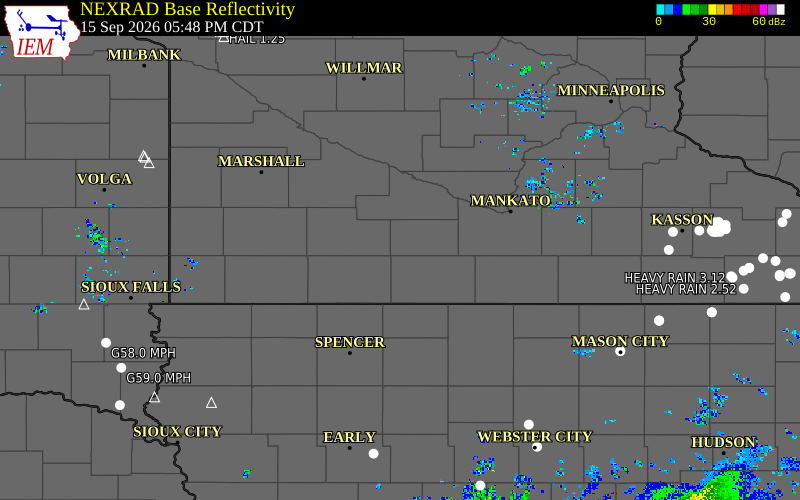 Current NEXRAD radar over Watonwan County, Minnesota with recent storm report locations