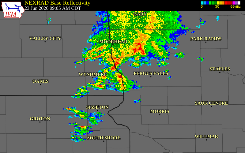 NEXRAD radar during the Tuesday, June 23, 2026 storm activity in Wilkin County, Minnesota