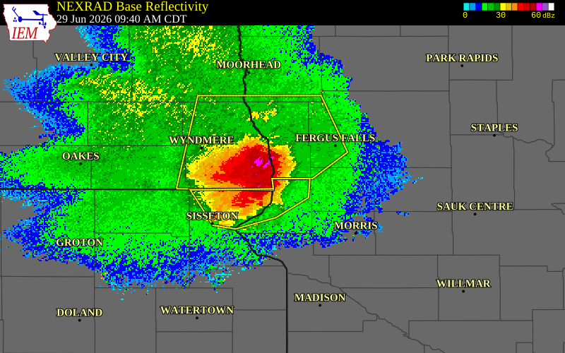 NEXRAD radar during the Monday, June 29, 2026 storm activity in Wilkin County, Minnesota