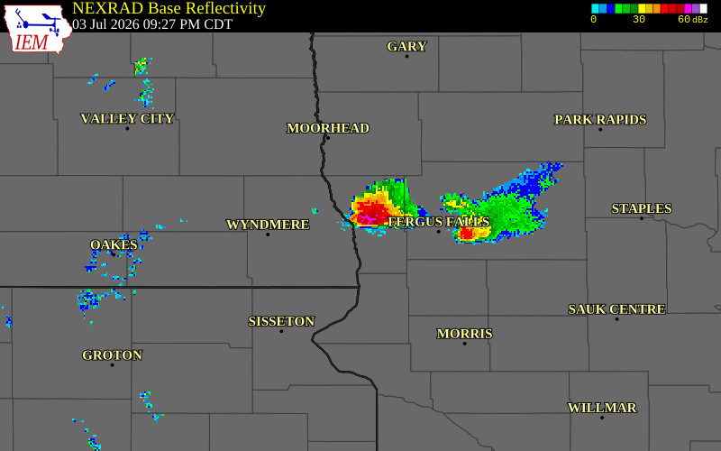 NEXRAD radar during the Friday, July 3, 2026 storm activity in Wilkin County, Minnesota