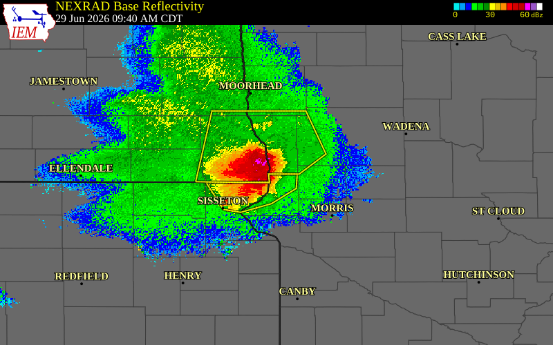 Radar snapshot during the Jun 29, 2026 wind event near 2 W Tenney, Wilkin County, Minnesota, with NWS warning polygons