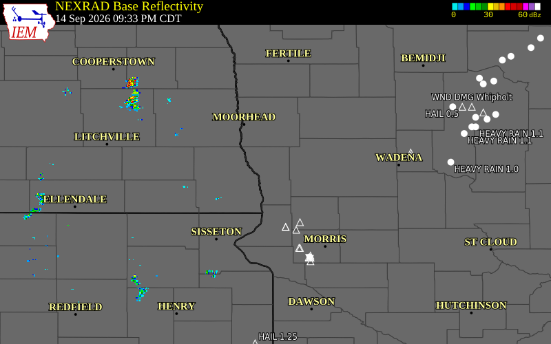 Current NEXRAD radar over Wilkin County, Minnesota with recent storm report locations