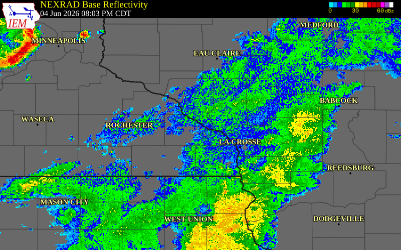NEXRAD radar during the Thursday, June 4, 2026 storm activity in Winona County, Minnesota