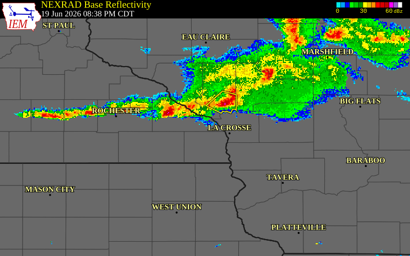 NEXRAD radar during the Friday, June 19, 2026 storm activity in Winona County, Minnesota