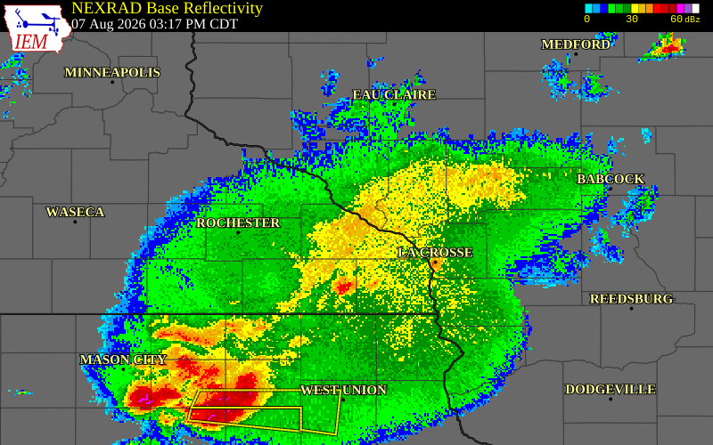 NEXRAD radar during the Friday, August 7, 2026 storm activity in Winona County, Minnesota