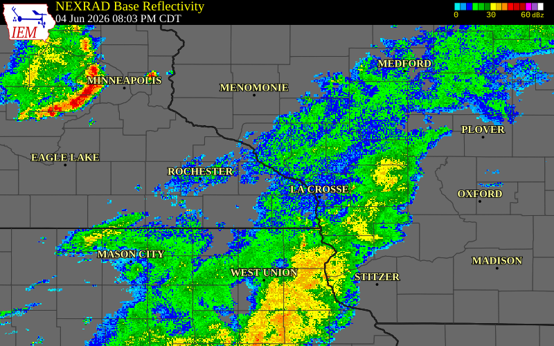 Radar snapshot during the Jun 4, 2026 hail event near 2 ENE Goodview, Winona County, Minnesota, with NWS warning polygons
