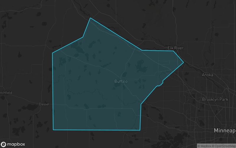 Map of Wright County, Minnesota showing the county boundary and surrounding cities