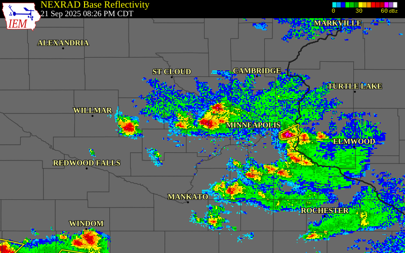 NEXRAD radar during the Sunday, September 21, 2025 storm activity in Wright County, Minnesota