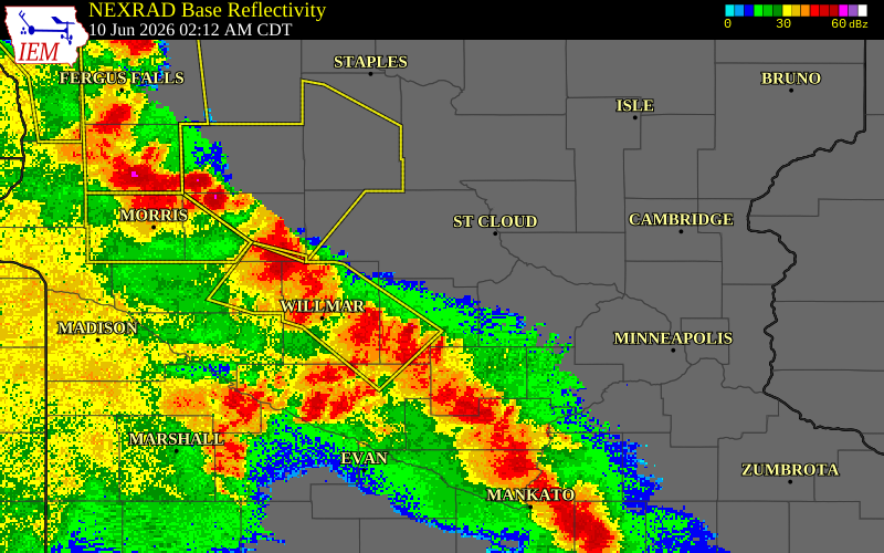 NEXRAD radar during the Wednesday, June 10, 2026 storm activity in Wright County, Minnesota