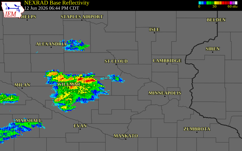 NEXRAD radar during the Friday, June 12, 2026 storm activity in Wright County, Minnesota