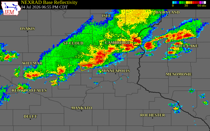 NEXRAD radar during the Saturday, July 4, 2026 storm activity in Wright County, Minnesota