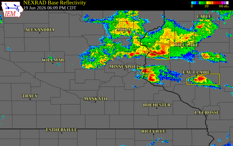 Radar snapshot during the Jun 19, 2026 wind event near Wright County, Wright County, Minnesota, with NWS warning polygons