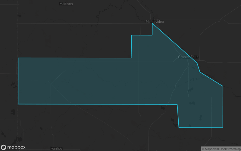 Map of Yellow Medicine County, Minnesota showing the county boundary and surrounding cities