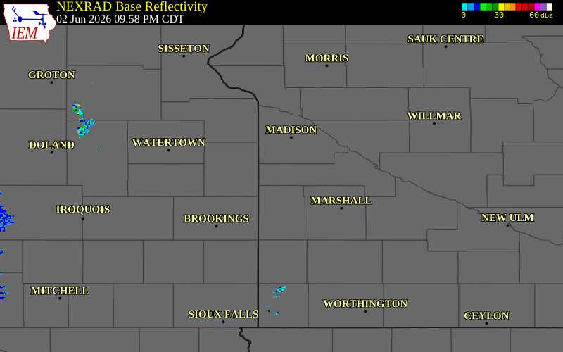 NEXRAD radar during the Tuesday, June 2, 2026 storm activity in Yellow Medicine County, Minnesota