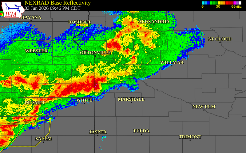 NEXRAD radar during the Wednesday, June 3, 2026 storm activity in Yellow Medicine County, Minnesota
