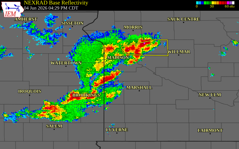 NEXRAD radar during the Thursday, June 4, 2026 storm activity in Yellow Medicine County, Minnesota