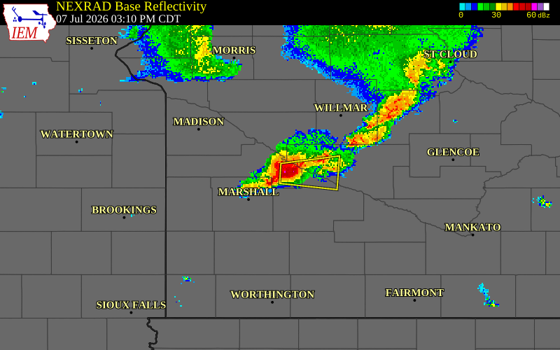 NEXRAD radar during the Tuesday, July 7, 2026 storm activity in Yellow Medicine County, Minnesota