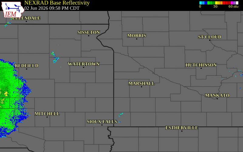 Radar snapshot during the Jun 2, 2026 wind event near Canby, Yellow Medicine County, Minnesota, with NWS warning polygons