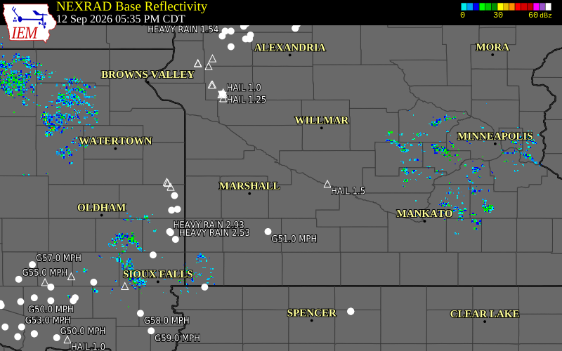 Current NEXRAD radar over Yellow Medicine County, Minnesota with recent storm report locations