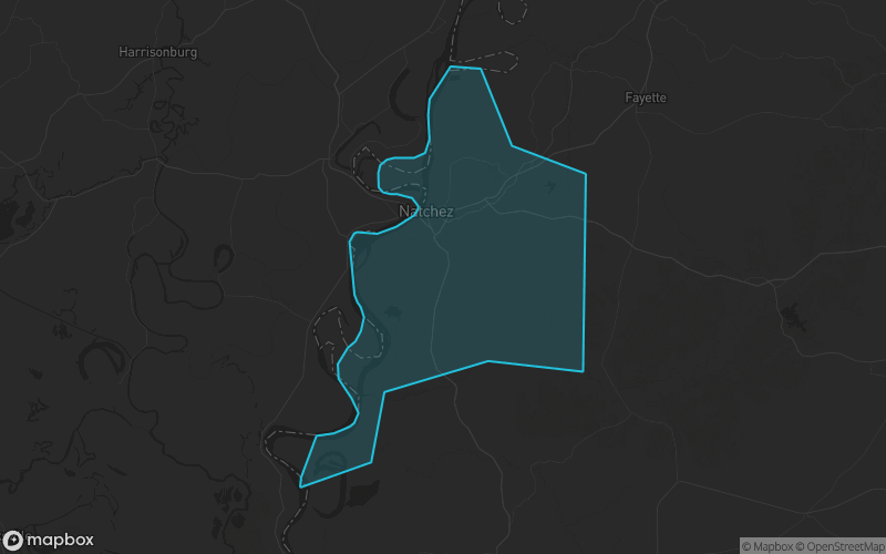 Map of Adams County, Mississippi showing the county boundary and surrounding cities