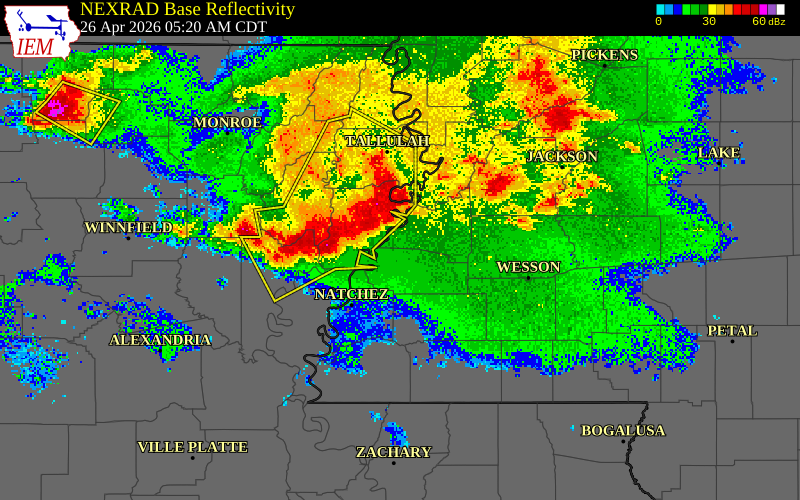 NEXRAD radar during the Sunday, April 26, 2026 storm activity in Adams County, Mississippi