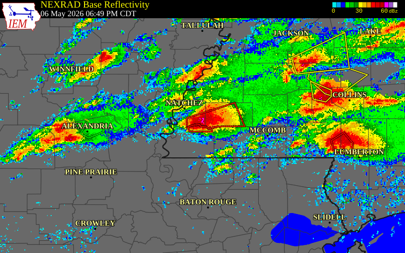 NEXRAD radar during the Wednesday, May 6, 2026 storm activity in Adams County, Mississippi