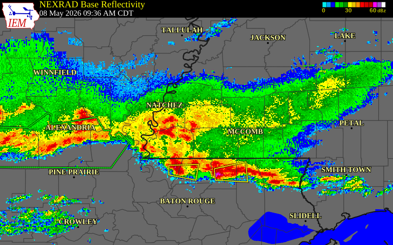 NEXRAD radar during the Friday, May 8, 2026 storm activity in Adams County, Mississippi