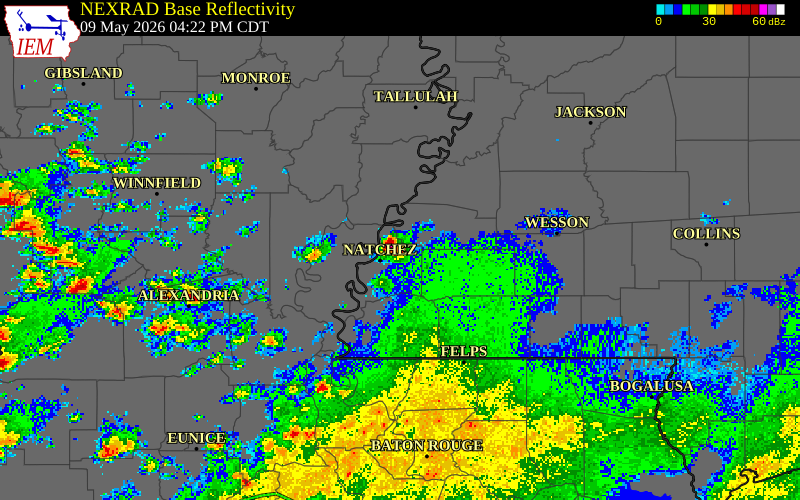 NEXRAD radar during the Saturday, May 9, 2026 storm activity in Adams County, Mississippi