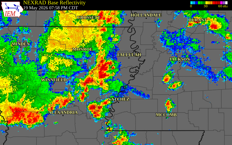 NEXRAD radar during the Tuesday, May 19, 2026 storm activity in Adams County, Mississippi