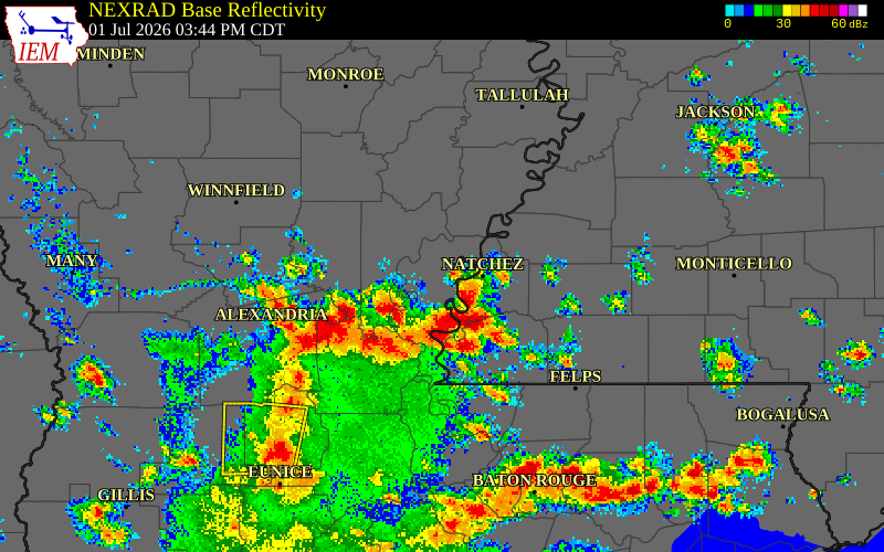 NEXRAD radar during the Wednesday, July 1, 2026 storm activity in Adams County, Mississippi