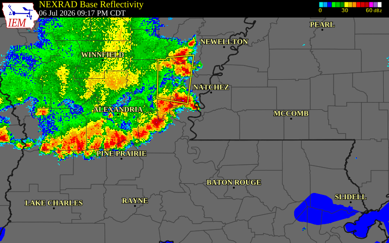 NEXRAD radar during the Monday, July 6, 2026 storm activity in Adams County, Mississippi