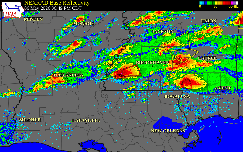 Radar snapshot during the May 6, 2026 tornado event near 4 WSW Garden City, Adams County, Mississippi, with NWS warning polygons